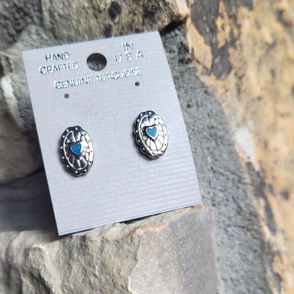 New! Genuine Turquoise Stud Southwestern Heart Style Earrings - Picture 1 of 3